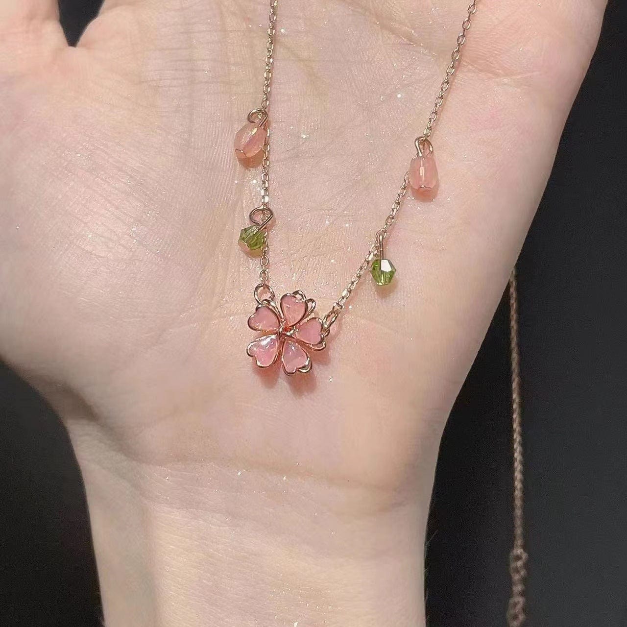 Dainty Pink Crystal Flower Charm Necklace - ArtGalleryZen
