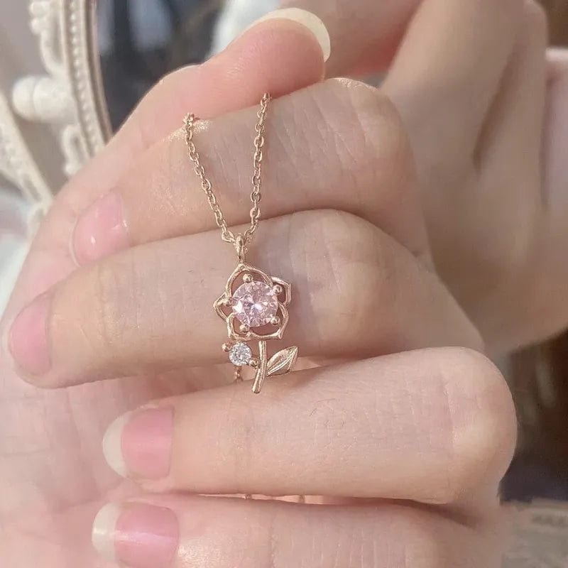 Dainty Pink Crystal Rose Pendant Necklace - ArtGalleryZen