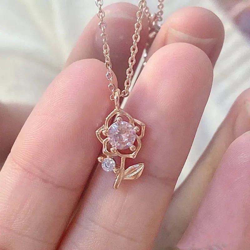 Dainty Pink Crystal Rose Pendant Necklace - ArtGalleryZen