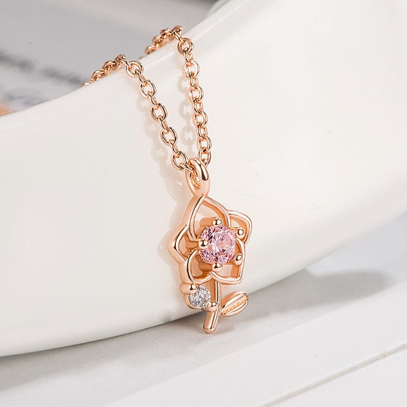 Dainty Pink Crystal Rose Pendant Necklace - ArtGalleryZen