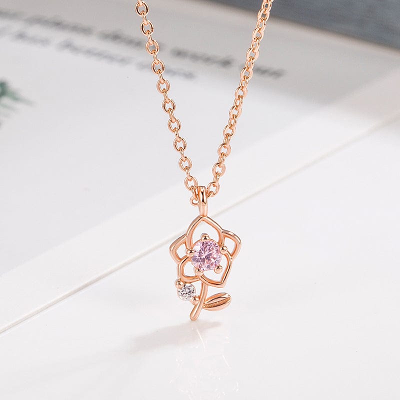 Dainty Pink Crystal Rose Pendant Necklace - ArtGalleryZen