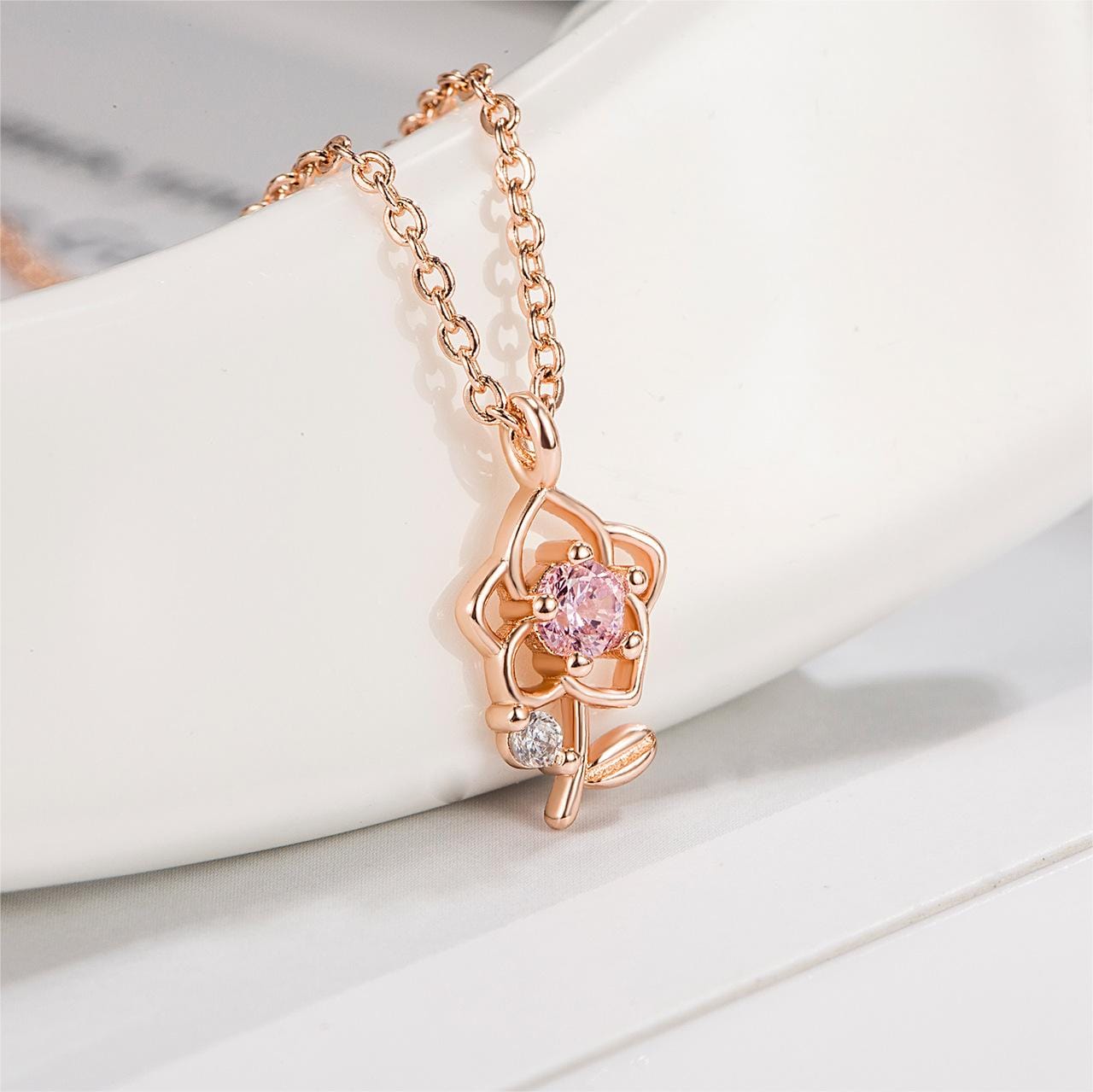 Dainty Pink Crystal Rose Pendant Necklace - ArtGalleryZen