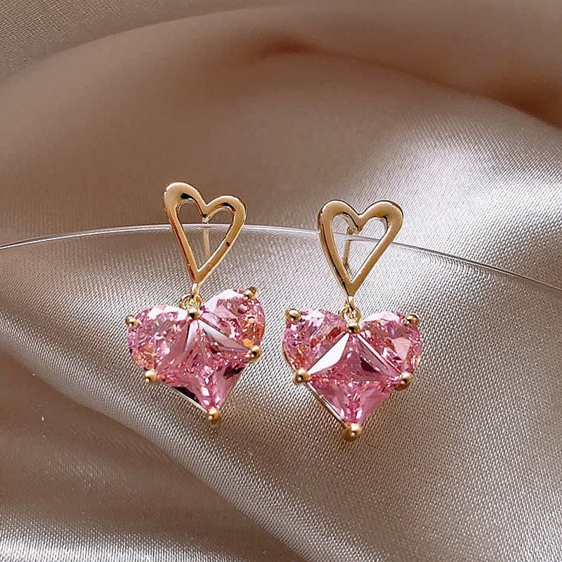 Dainty Pink Rhinestone Heart Pendant Chain Necklace Dangle Earrings Set - ArtGalleryZen