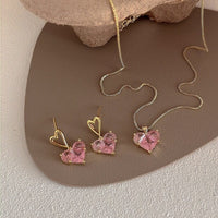 Thumbnail for Dainty Pink Rhinestone Heart Pendant Chain Necklace Dangle Earrings Set - ArtGalleryZen