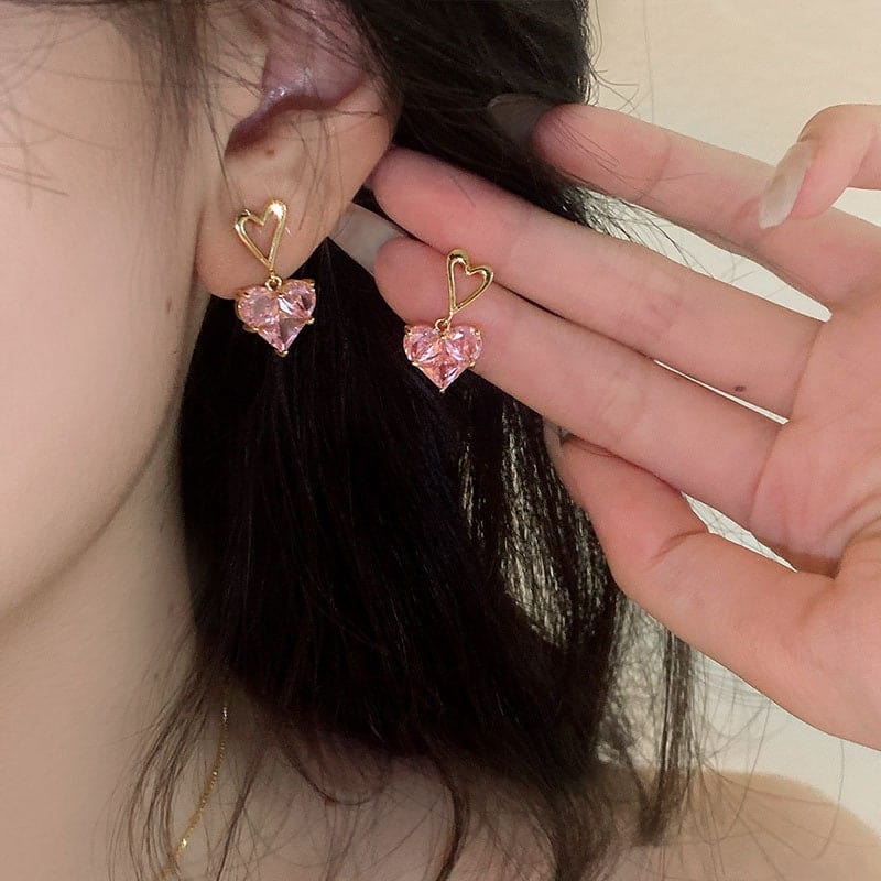 Dainty Pink Rhinestone Heart Pendant Chain Necklace Dangle Earrings Set