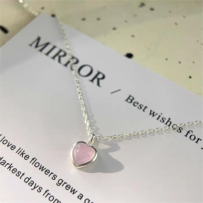 Dainty S925 Silver Pink Opal Heart Necklace - ArtGalleryZen