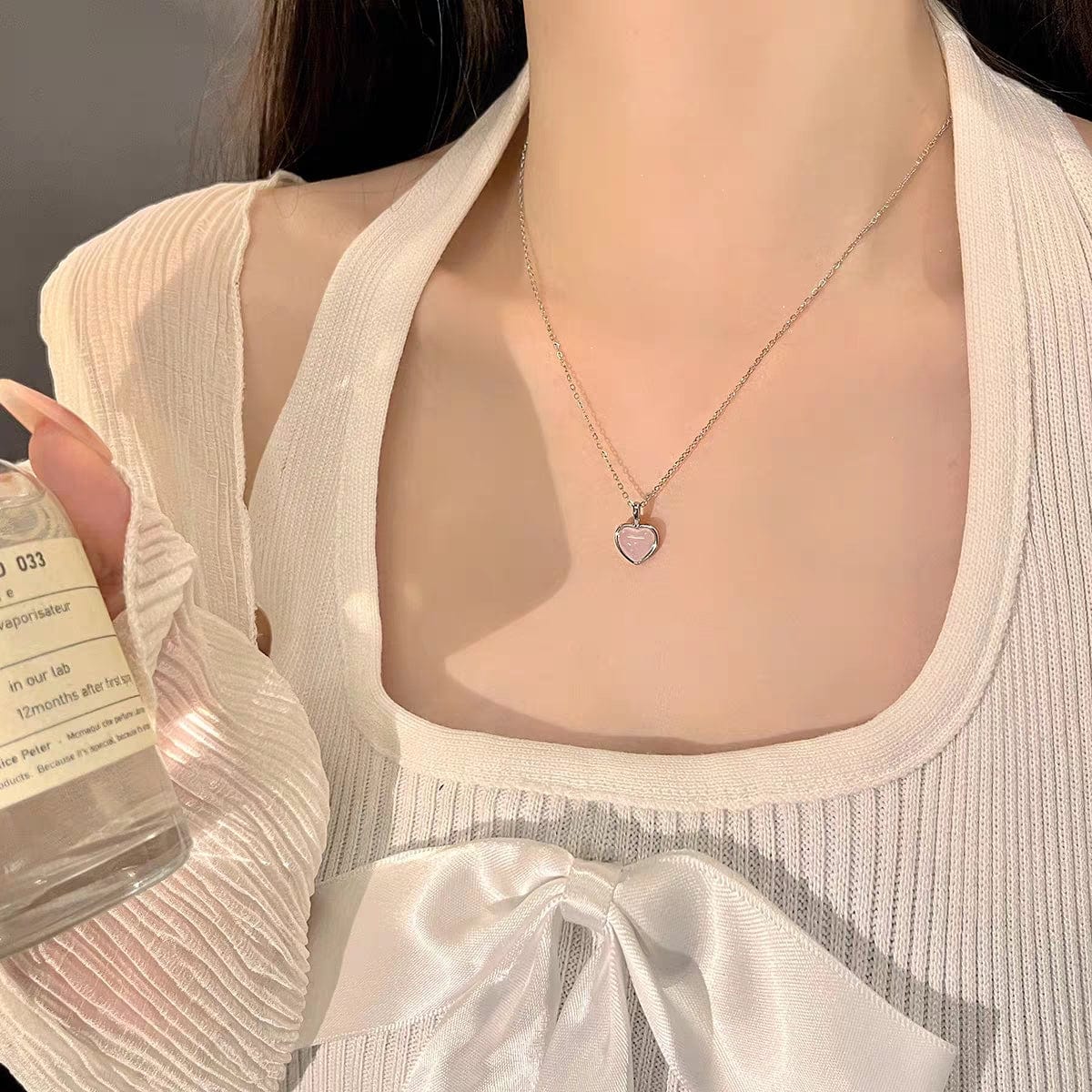 Dainty S925 Silver Pink Opal Heart Necklace - ArtGalleryZen