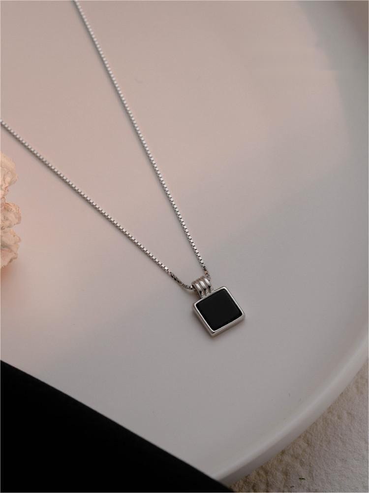 Dainty S925 Sterling Silver Enamel Square Pendant Box Chain Necklace - ArtGalleryZen