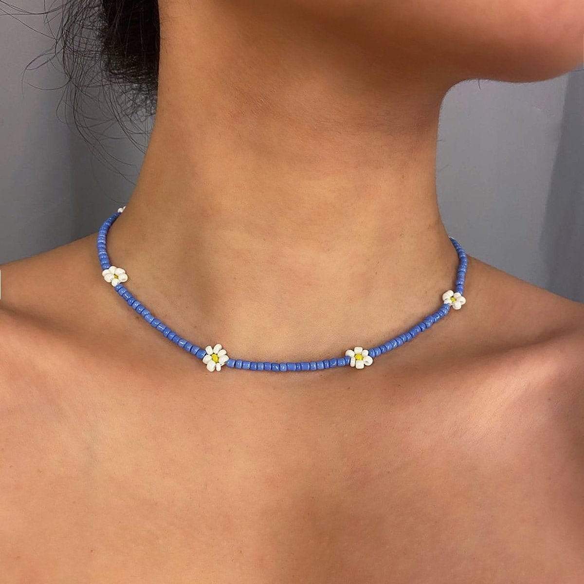 Smiley Face and Flower Choker Necklace Blue