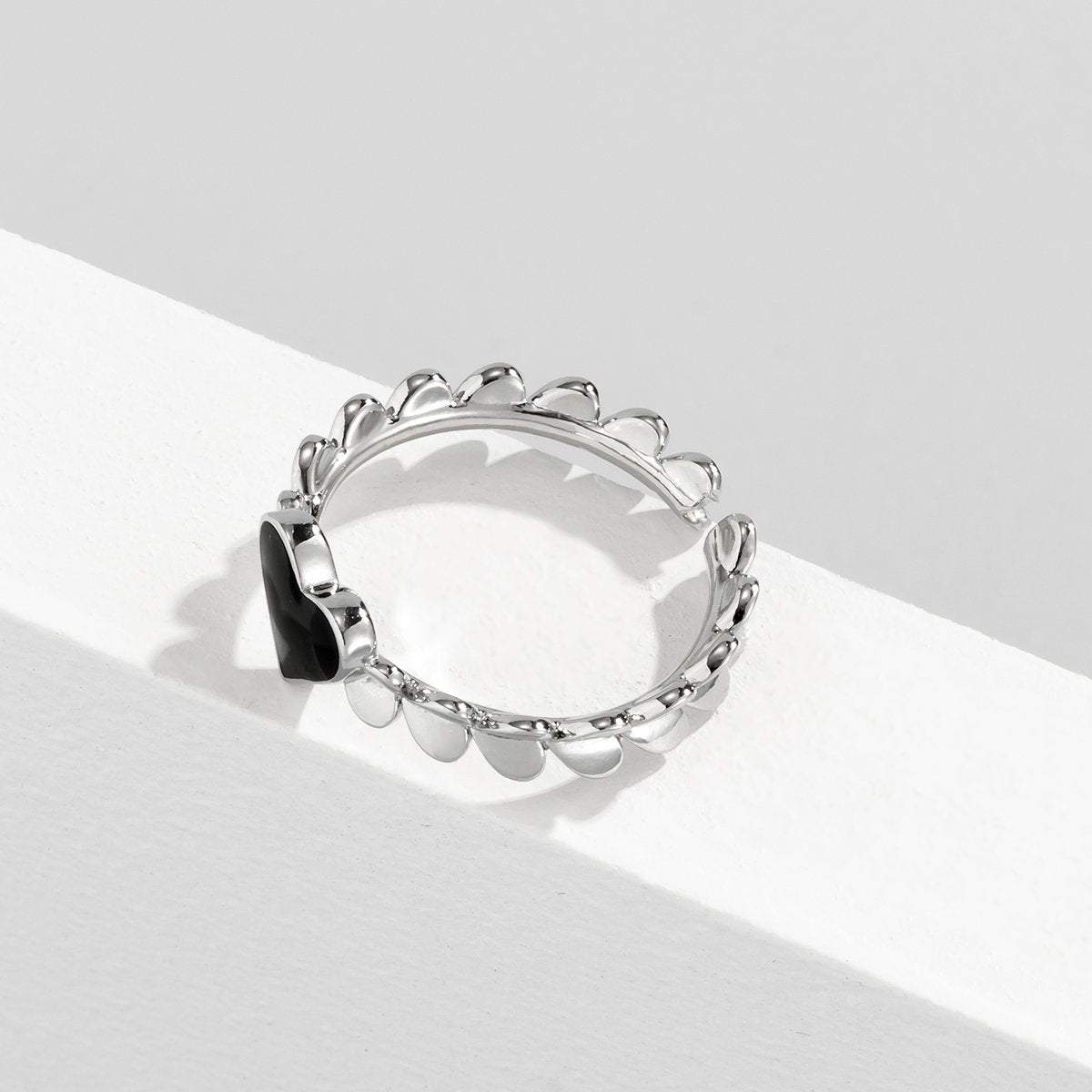 Dainty Silver Plated Black Heart Ring - ArtGalleryZen