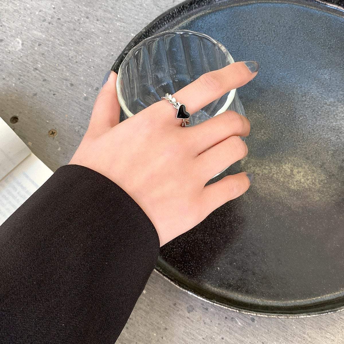 Dainty Silver Plated Black Heart Ring - ArtGalleryZen