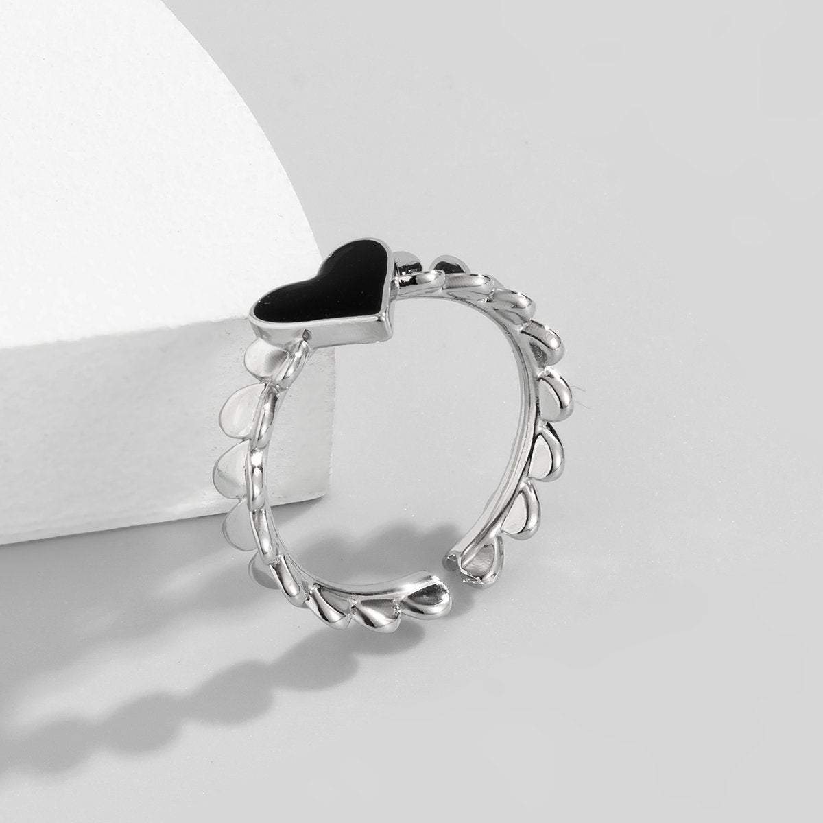 Dainty Silver Plated Black Heart Ring - ArtGalleryZen