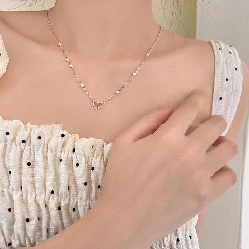 Dainty Sterling Silver Pearl Charm Heart Necklace - ArtGalleryZen