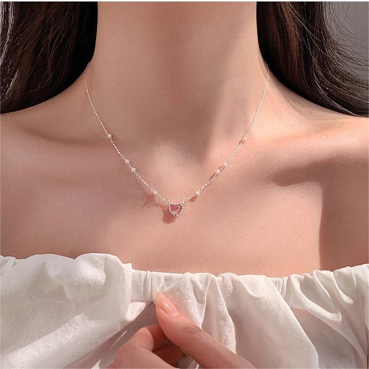 Dainty Sterling Silver Pearl Charm Heart Necklace - ArtGalleryZen