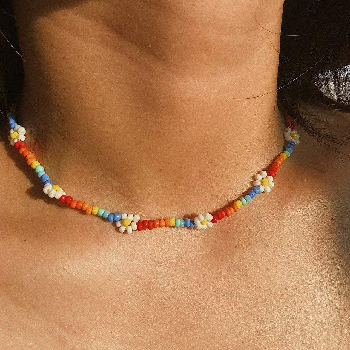 Daisy Flower Colorful Beaded Choker Necklace - ArtGalleryZen