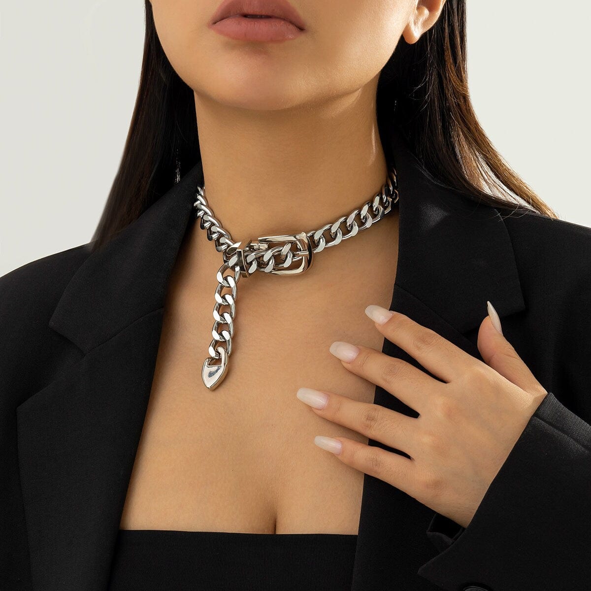 Geometric Chunky Belt Chain Choker Necklace - Silver