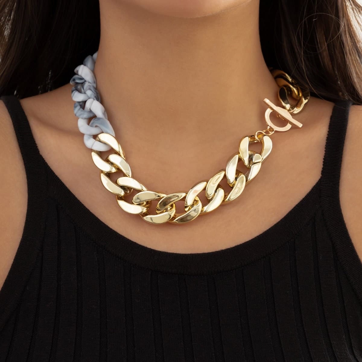 Geometric Chunky Two-tone Cuban Chain Choker Necklace - ArtGalleryZen