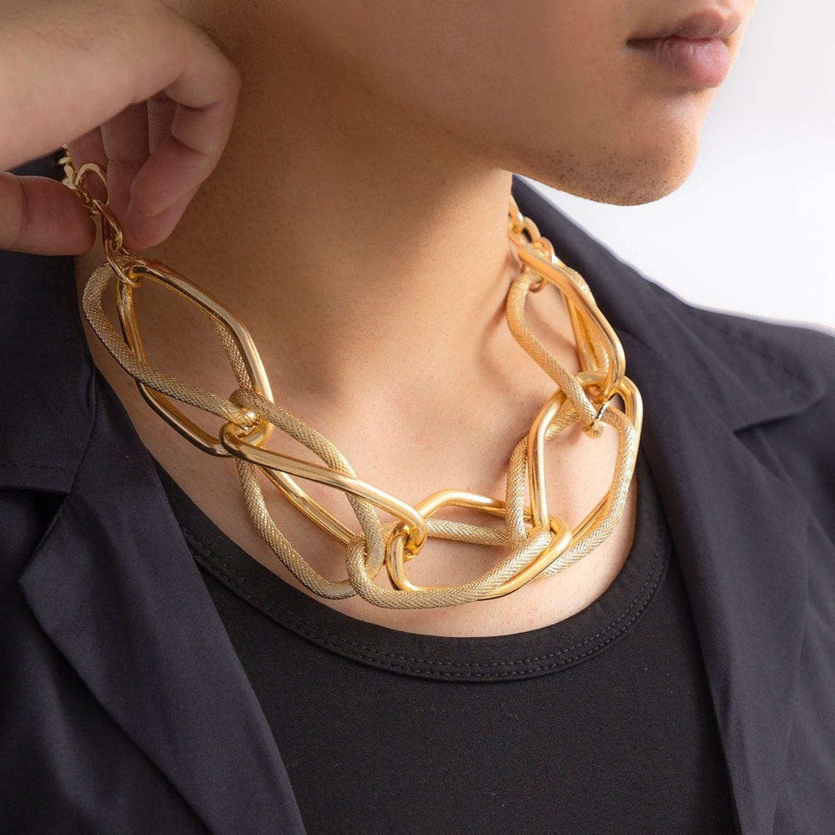 Geometric Gold Silver Plated Hammered Chunky Chain Choker Necklace - ArtGalleryZen