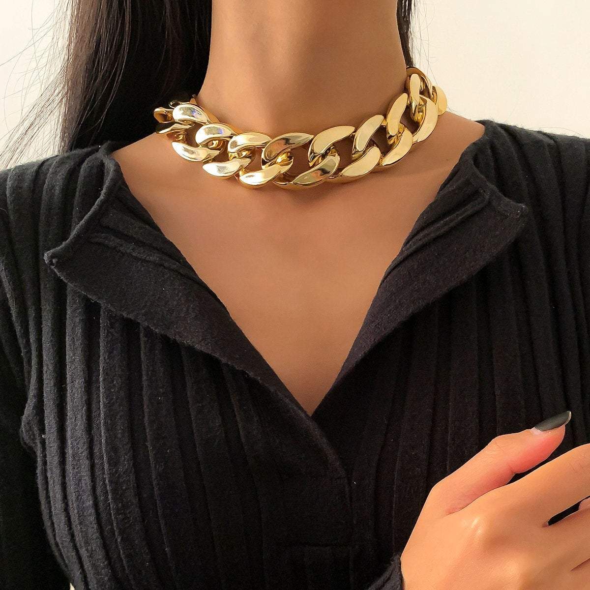 Geometric Gold Silver Tone Chunky Cuban Link Chain Choker Necklace - ArtGalleryZen