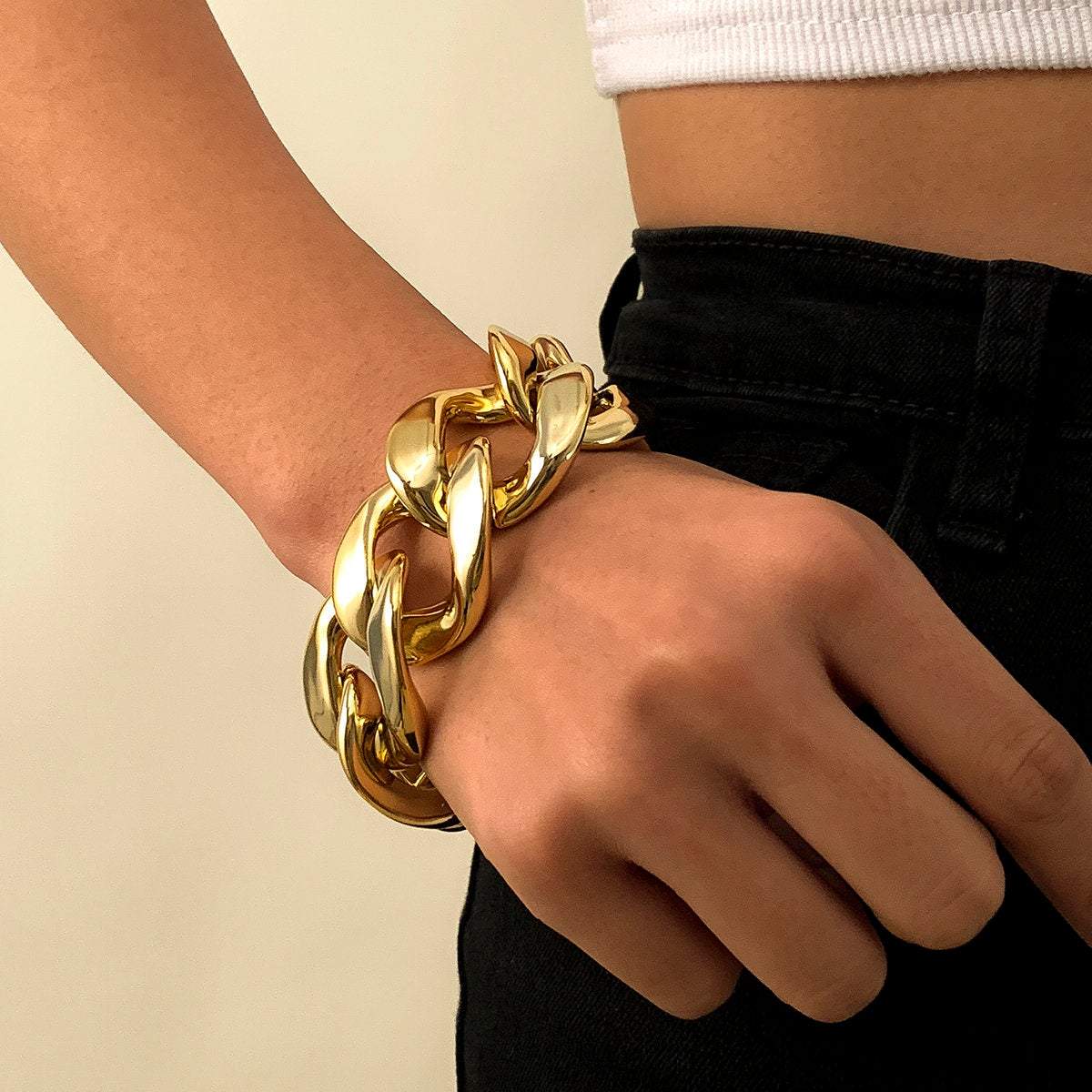Geometric Gold Silver Tone Embossed Cuban Link Chain Bracelet - ArtGalleryZen