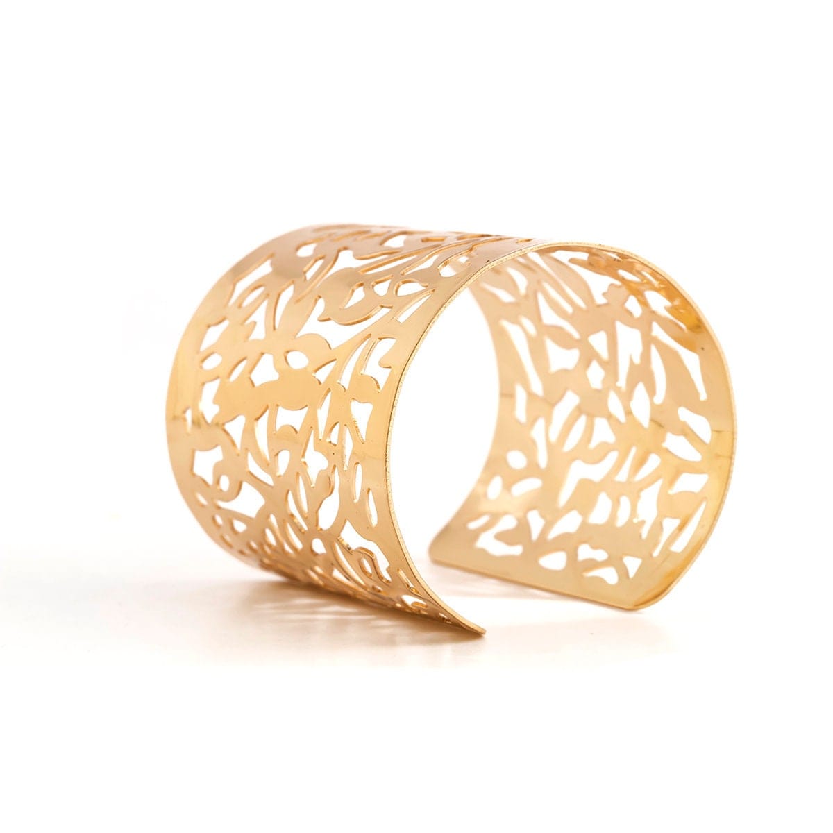 Geometric Gold Silver Tone Metallic Carved Floral Open Wide Cuff Bangle Bracelet - ArtGalleryZen