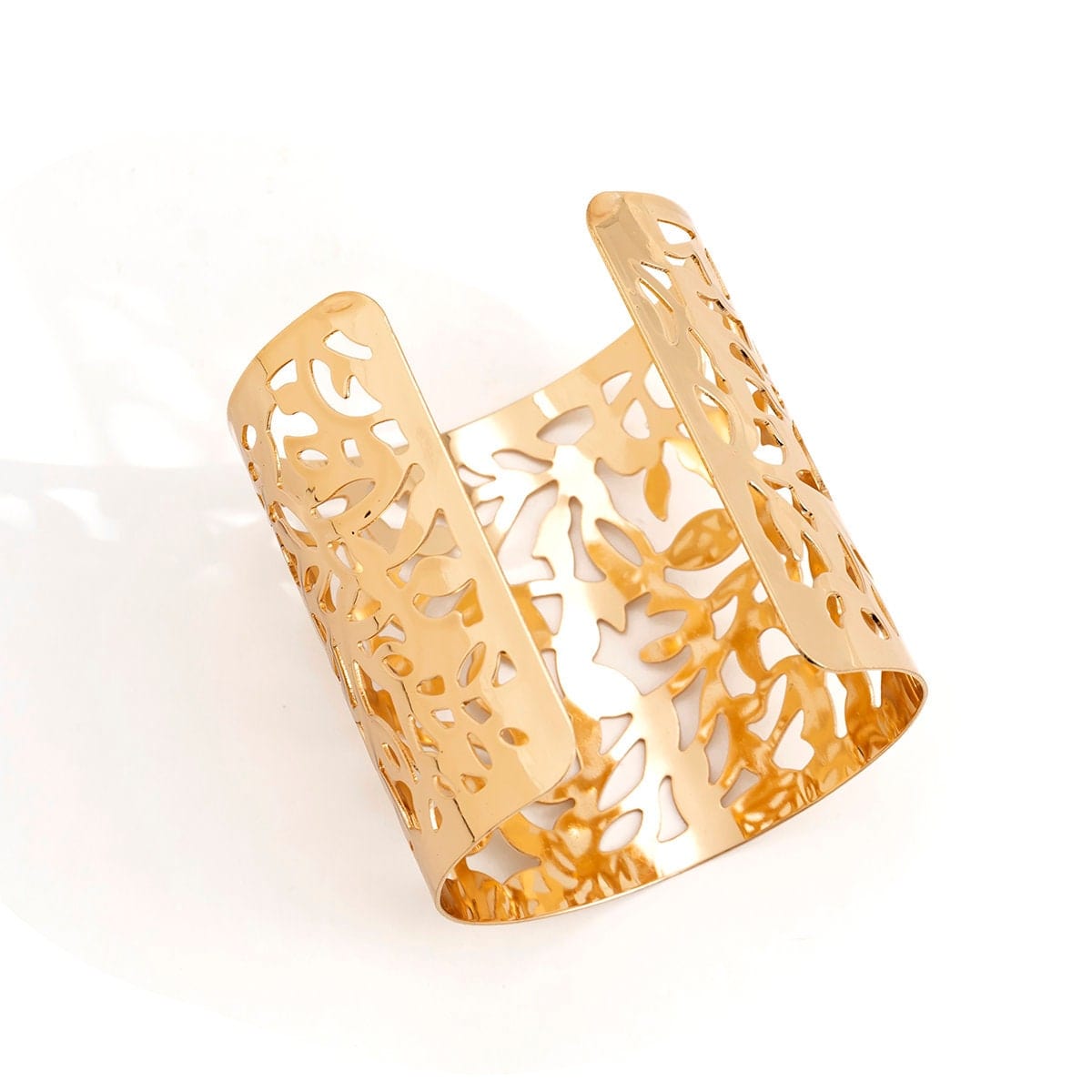 Geometric Gold Silver Tone Metallic Carved Floral Open Wide Cuff Bangle Bracelet - ArtGalleryZen