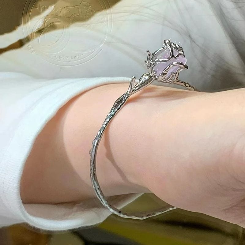 Geometric Healing Stone Rose Bangle Bracelet - ArtGalleryZen