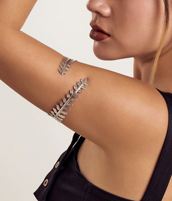 Geometric Silver Tone Leaf Upper Arm Cuff - ArtGalleryZen