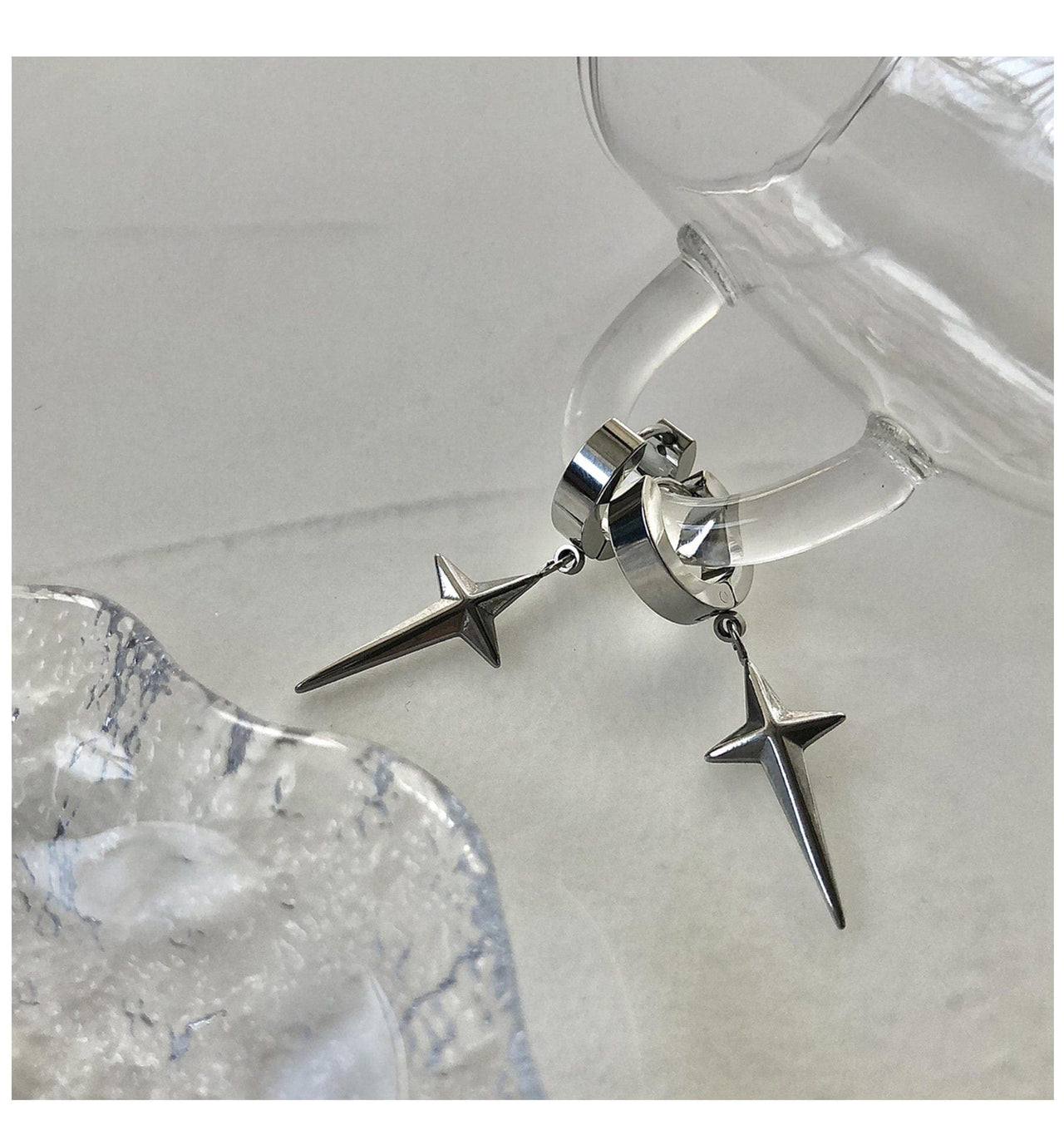 Geometric Titanium Steel Polar Star Ear Cuff Clip On Huggie Hoop Dangle Earrings - ArtGalleryZen