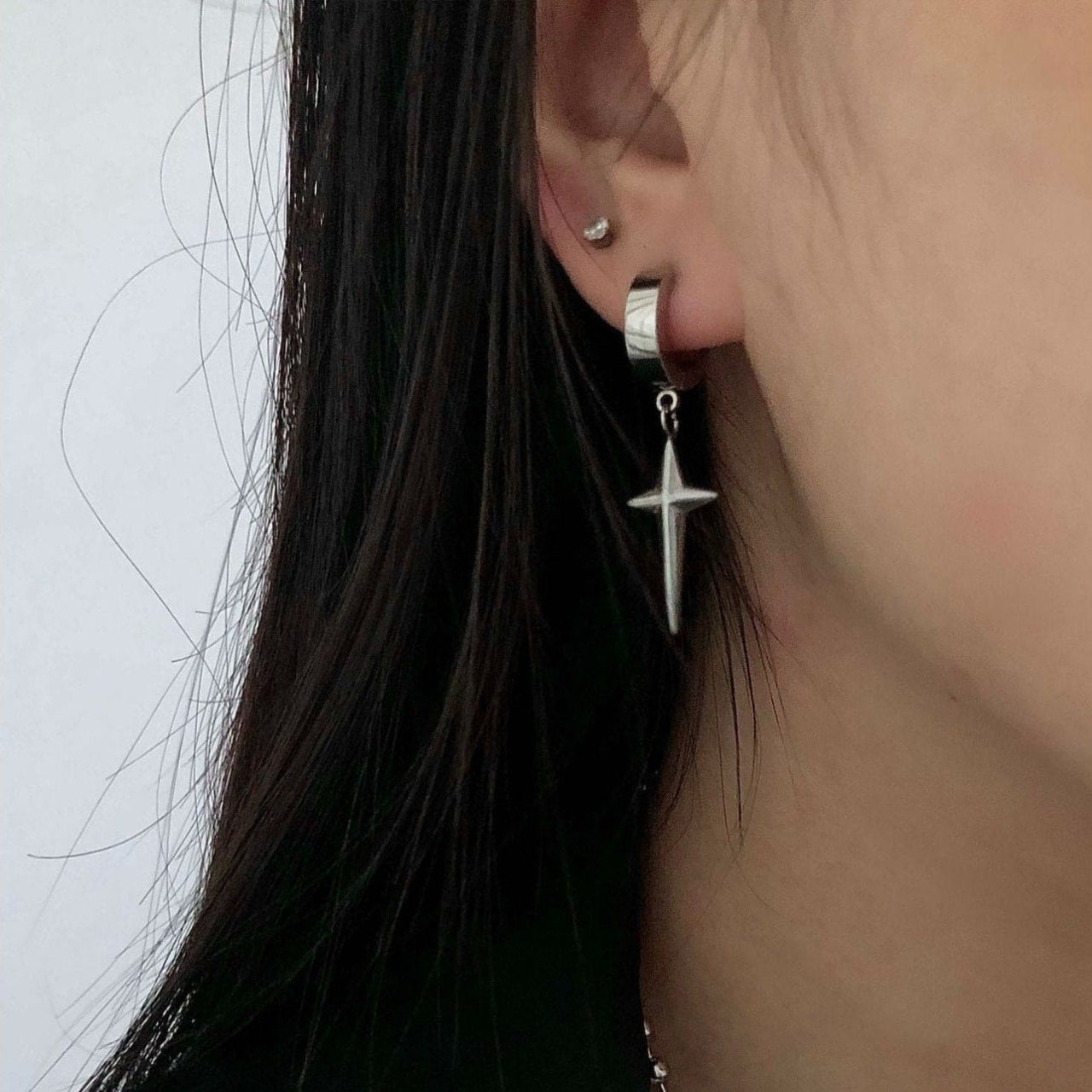 Geometric Titanium Steel Polar Star Ear Cuff Clip On Huggie Hoop Dangle Earrings - ArtGalleryZen