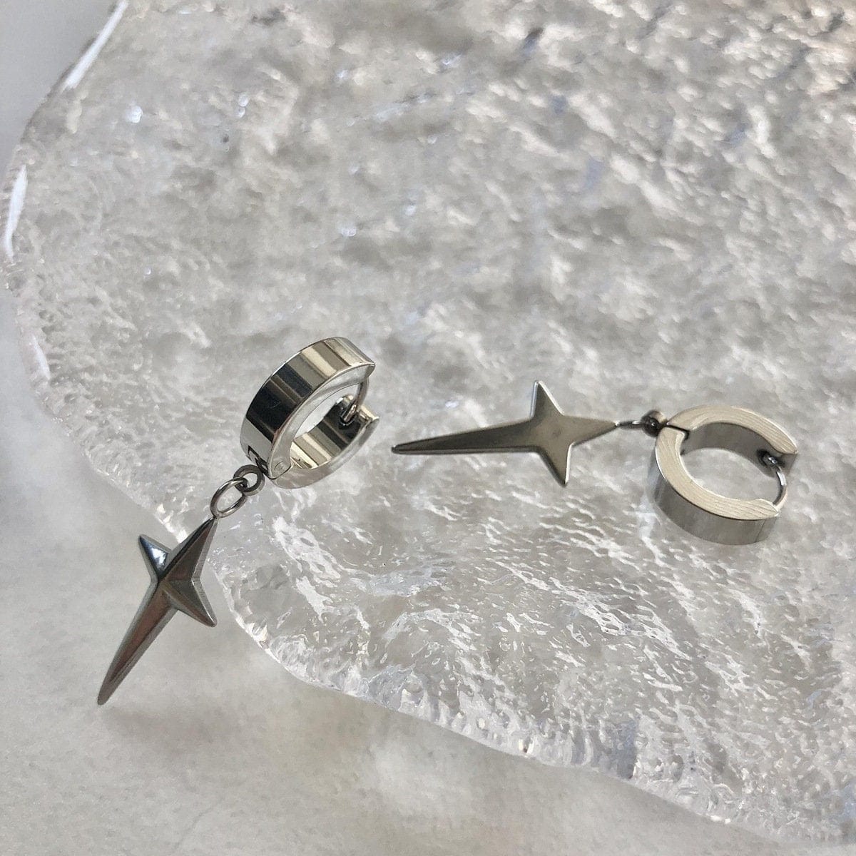 Geometric Titanium Steel Polar Star Ear Cuff Clip On Huggie Hoop Dangle Earrings - ArtGalleryZen