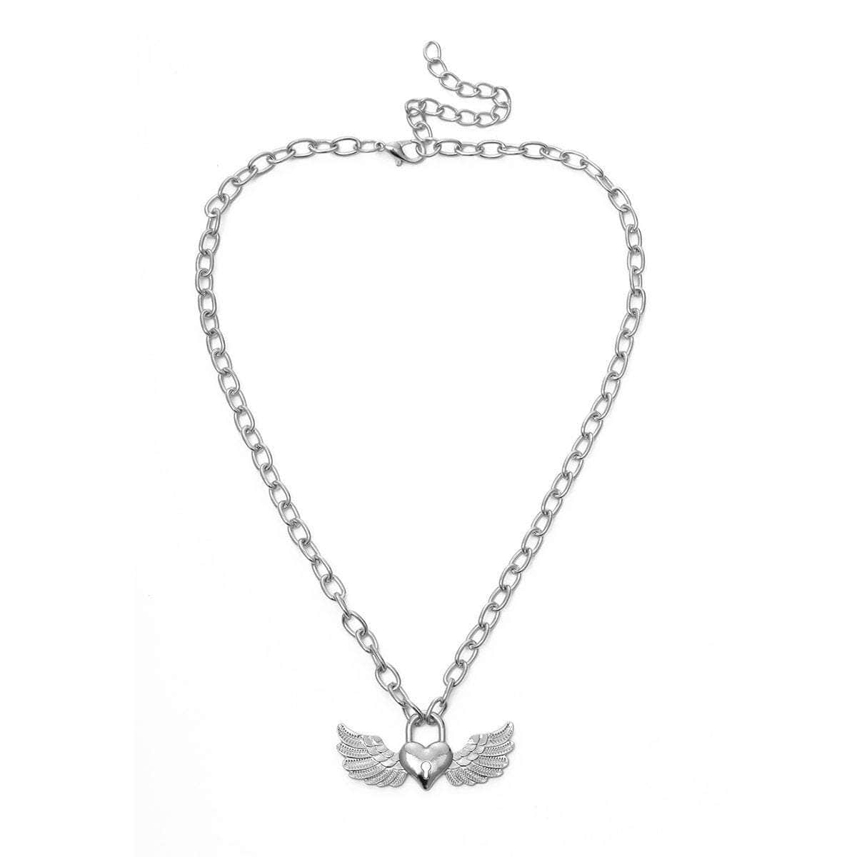 Gold Silver Tone Angel Wings Pendant Chain Necklace - Chic Lock Pendant Metal Chain Necklace - ArtGalleryZen