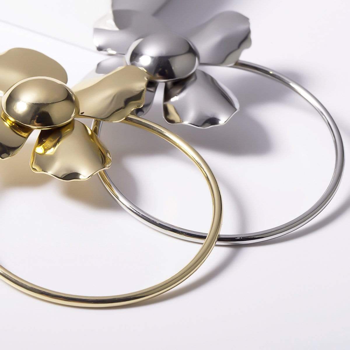 Gold Silver Tone Floral Big Hoop Earrings -  Minimalist Oversize Bloosom Loop Earrings - ArtGalleryZen