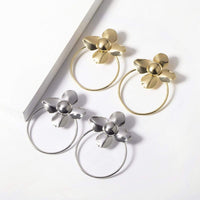 Thumbnail for Gold Silver Tone Floral Big Hoop Earrings -  Minimalist Oversize Bloosom Loop Earrings - ArtGalleryZen