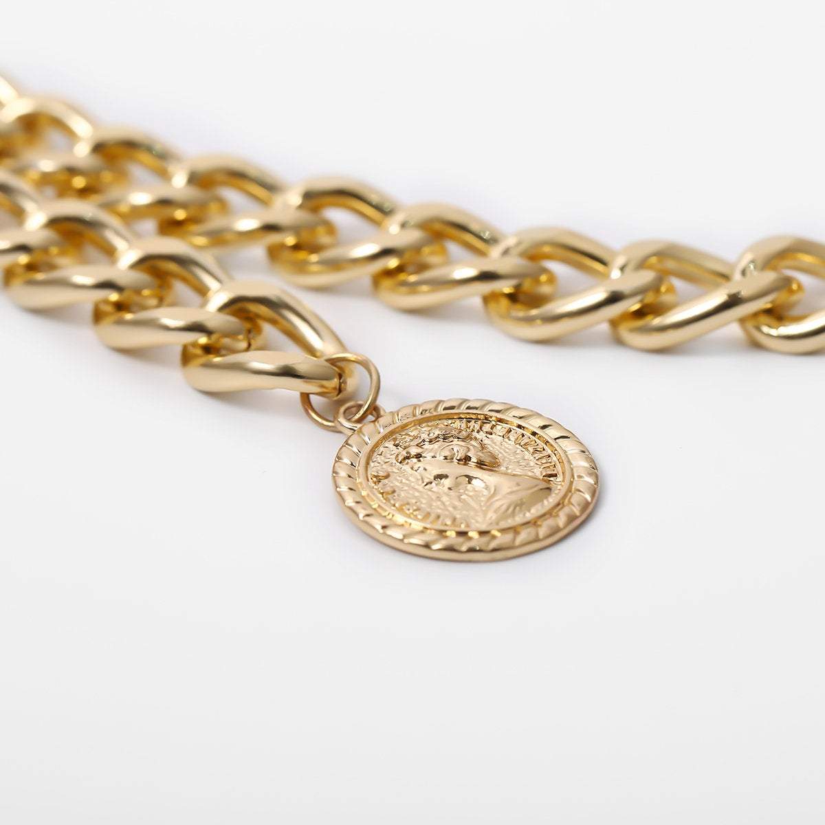 Gold Tone Curb Link Waist Chain - Fashion Relief Round Disk Pendant Belly Chain - ArtGalleryZen