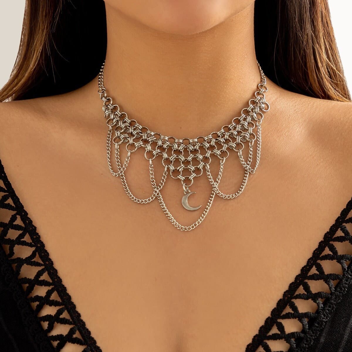 Gothic Layered Moon Phase Pendant Chain Tassel Collar Choker Necklace - ArtGalleryZen
