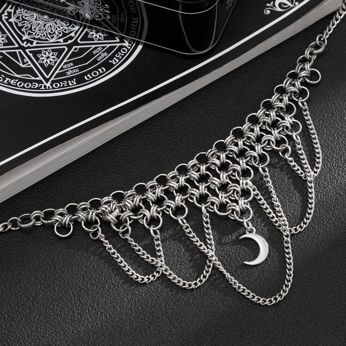 Gothic Layered Moon Phase Pendant Chain Tassel Collar Choker Necklace - ArtGalleryZen