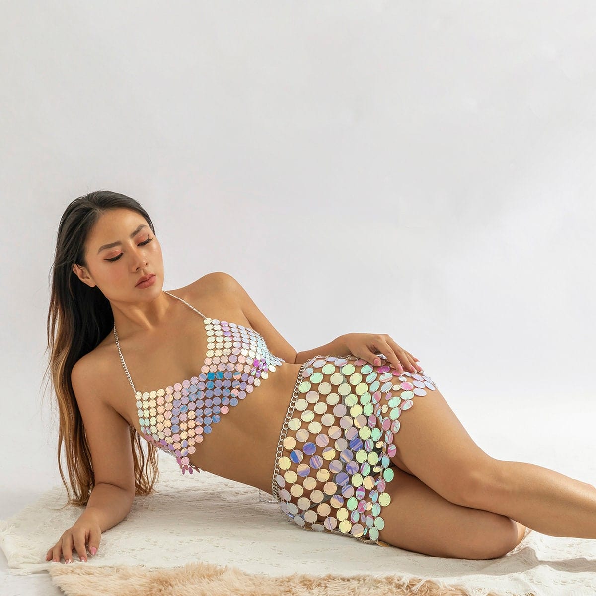 Handmade Colorful Squamous Sequin Disco Skirt Bra Set – ArtGalleryZen