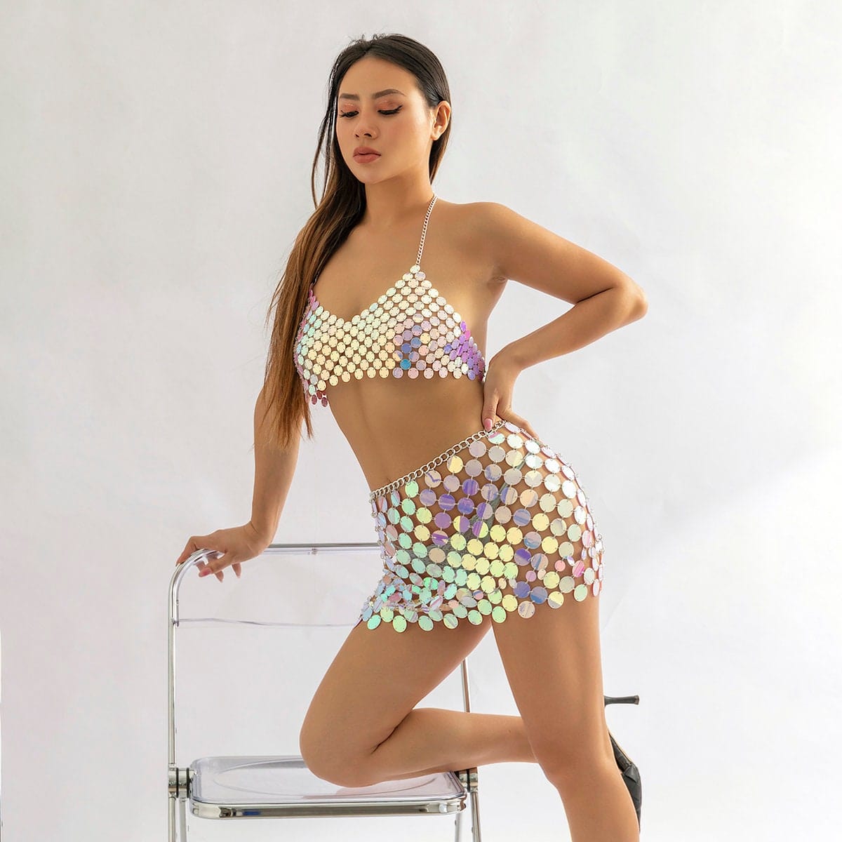 Handmade Colorful Squamous Sequin Disco Skirt Bra Set - ArtGalleryZen