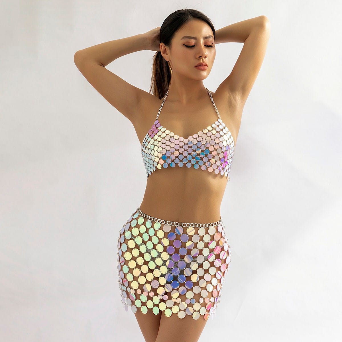 Handmade Colorful Squamous Sequin Disco Skirt Bra Set - ArtGalleryZen
