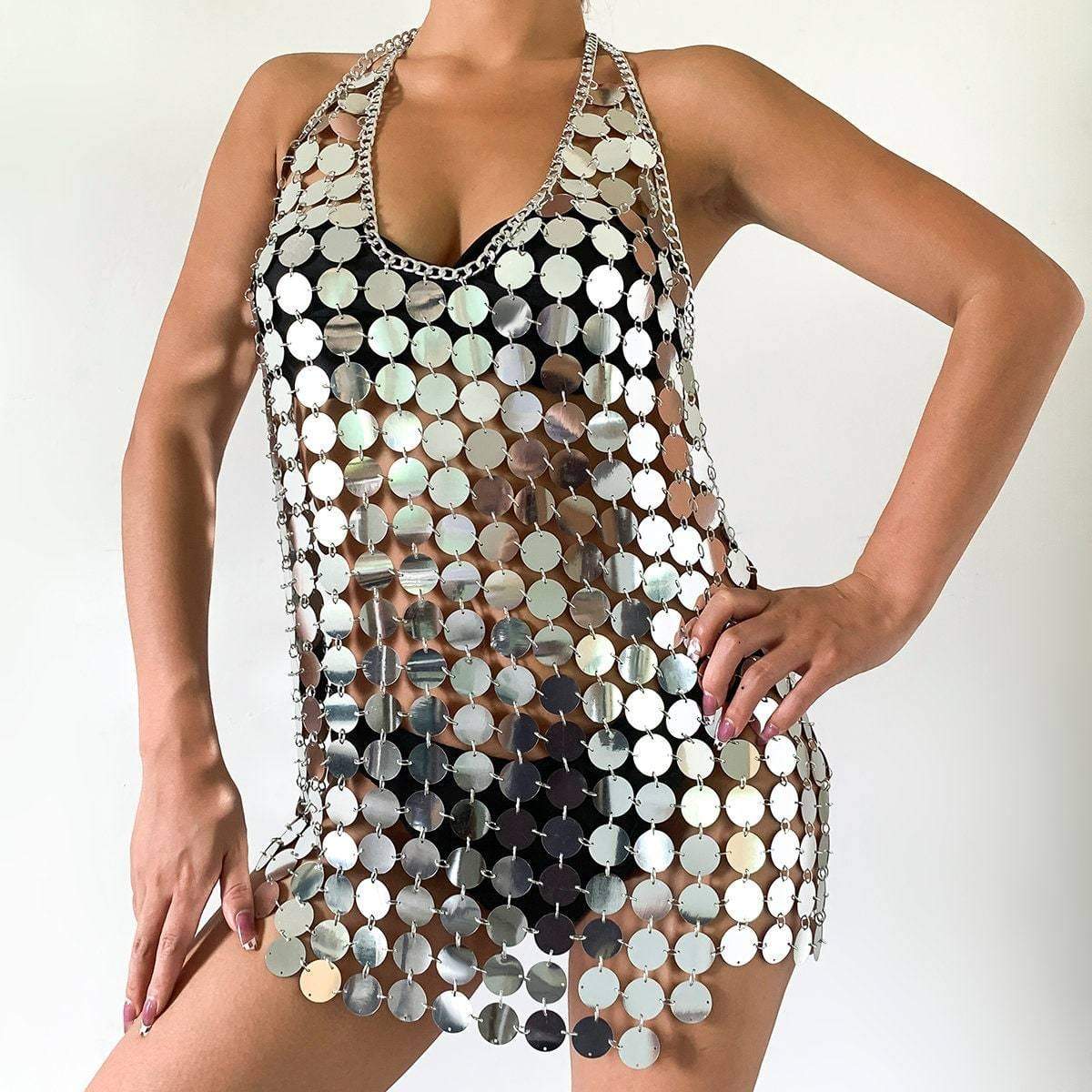 Handmade Glitter Squamous Sequins Patchwork Nightclub Party Strappy Dress - ArtGalleryZen
