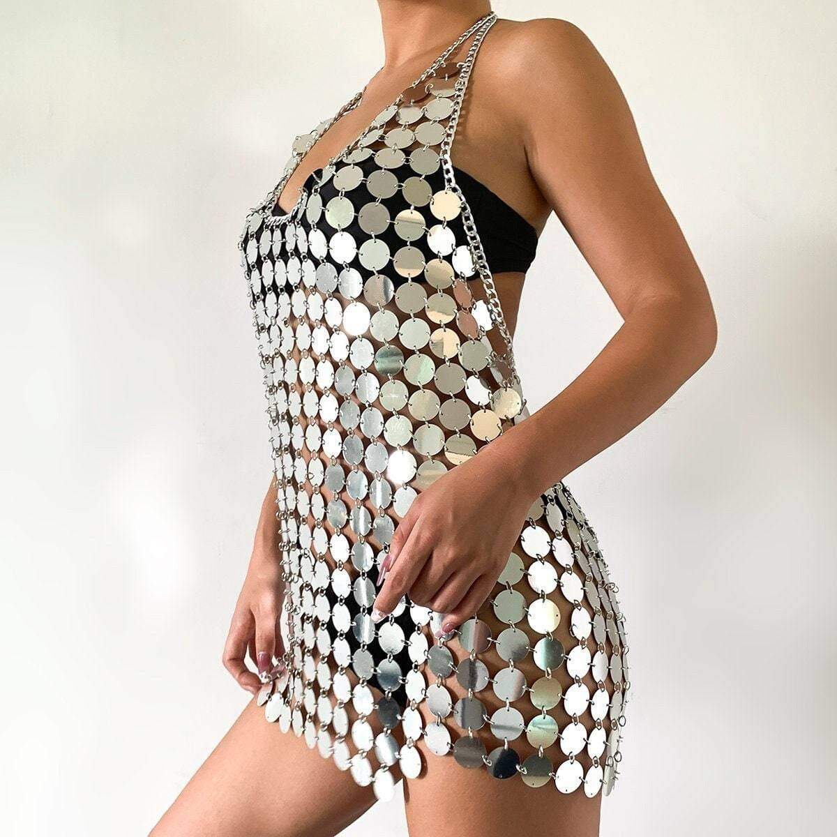 Handmade Glitter Squamous Sequins Patchwork Nightclub Party Strappy Dress - ArtGalleryZen