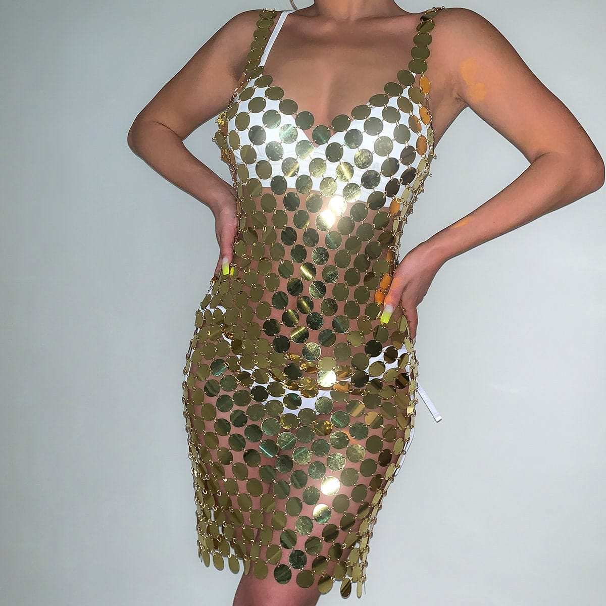Handmade Glitter Squamous Sequins Patchwork Rave Party Midi Dress - ArtGalleryZen
