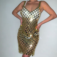 Thumbnail for Handmade Glitter Squamous Sequins Patchwork Rave Party Midi Dress - ArtGalleryZen
