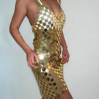Thumbnail for Handmade Glitter Squamous Sequins Patchwork Rave Party Midi Dress - ArtGalleryZen