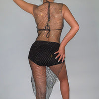 Thumbnail for Handmade Glittering Rhinestone Fishnet See Through Mesh Cover Up Long Dress - ArtGalleryZen