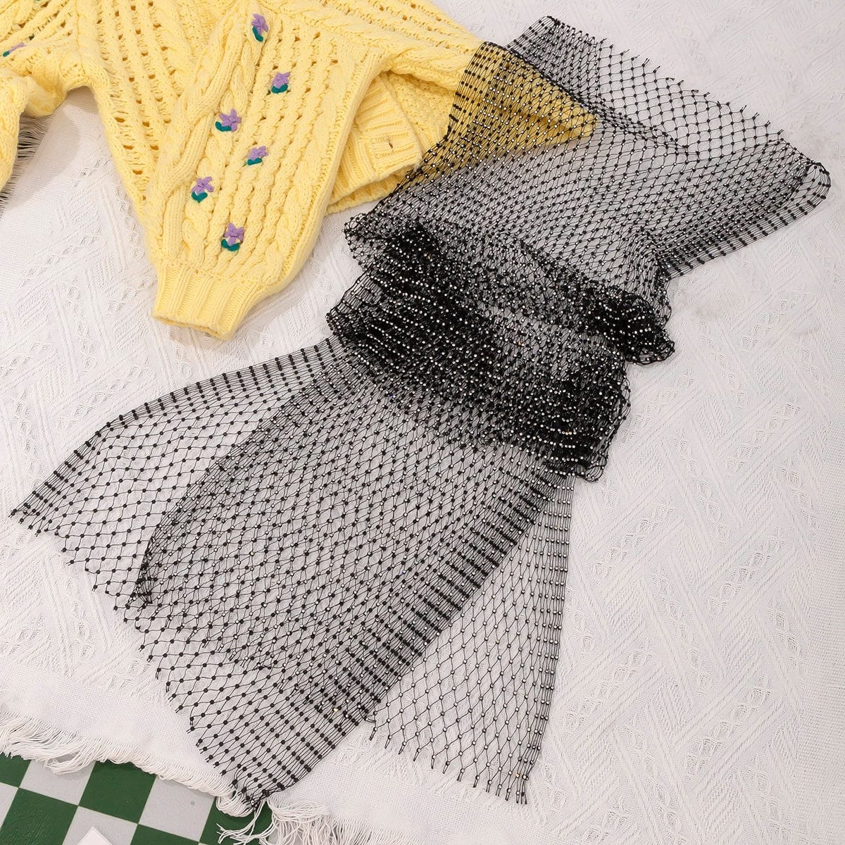 Handmade Glittering Rhinestone Fishnet See Through Mesh Cover Up Long Dress - ArtGalleryZen