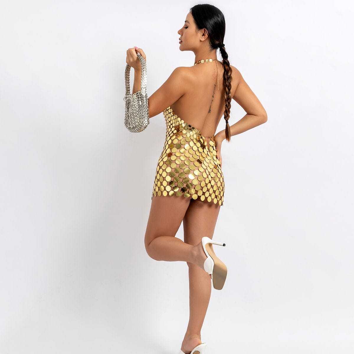 Handmade Gold Silver Tone Glitter Sequins Patchwork Rave Party Mini Dress - ArtGalleryZen