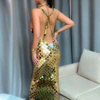 Thumbnail for Handmade Gold Silver Tone Glitter Squamous Sequins Patchwork Midi Dress - ArtGalleryZen