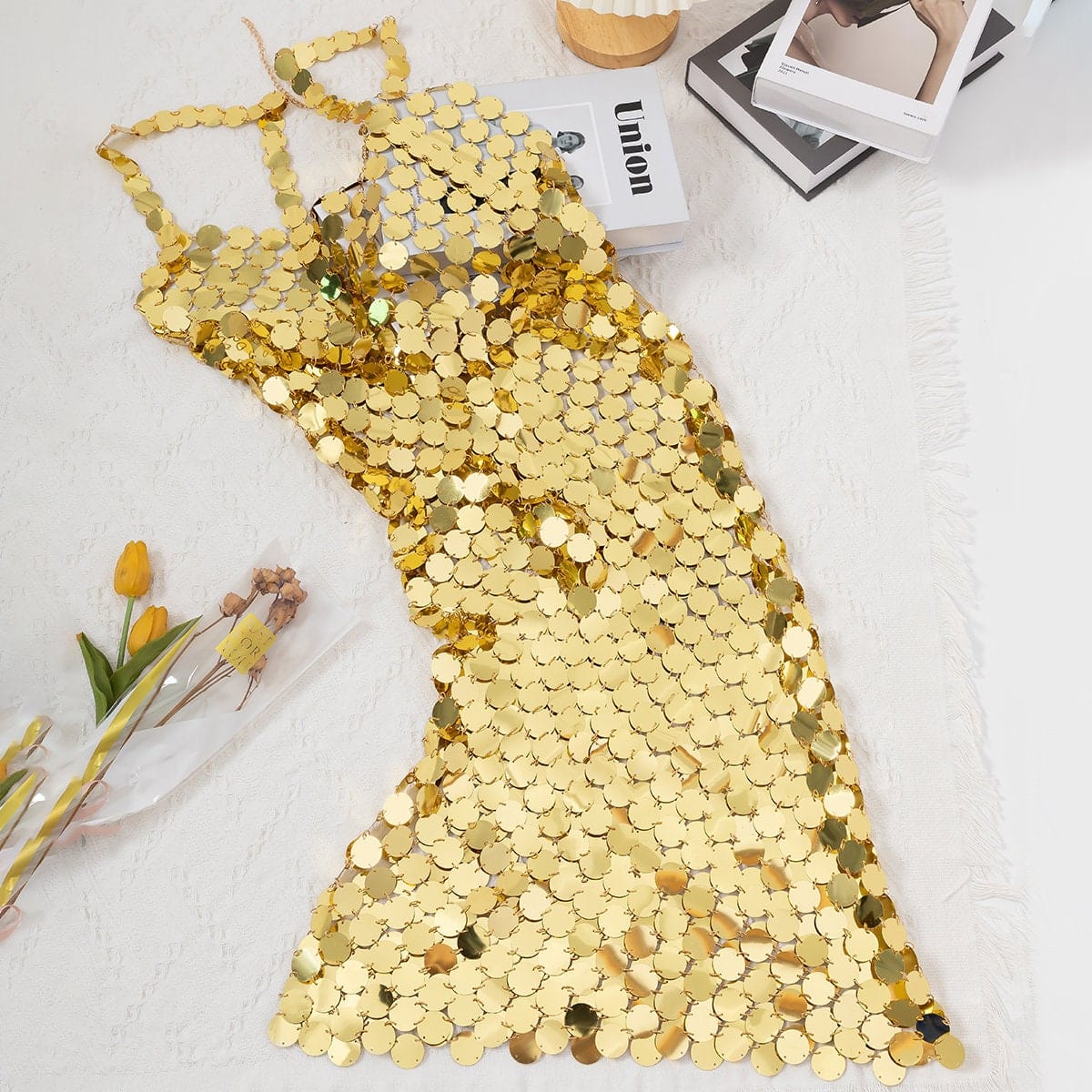 Handmade Gold Silver Tone Glitter Squamous Sequins Patchwork Midi Dress - ArtGalleryZen